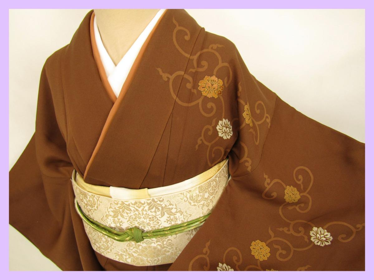 ◆衣紋屋◆9880 訪問着 一つ紋付き 牡丹唐草文様 正絹 茶 *****