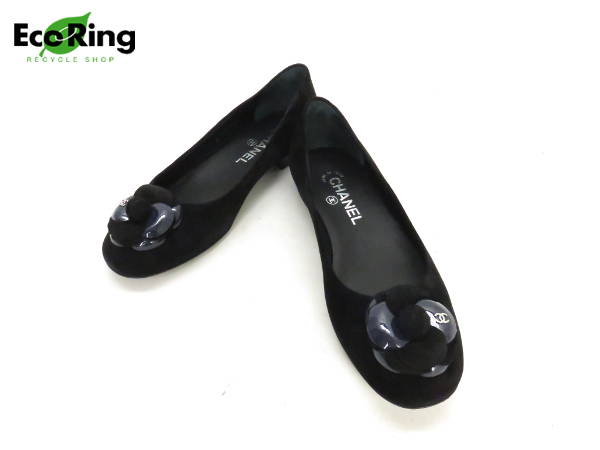 1円 美品 シャネル カメリア コサージュ パンプス フラットシューズ レディース 靴 スエード 37C ブラック×パープル BT894