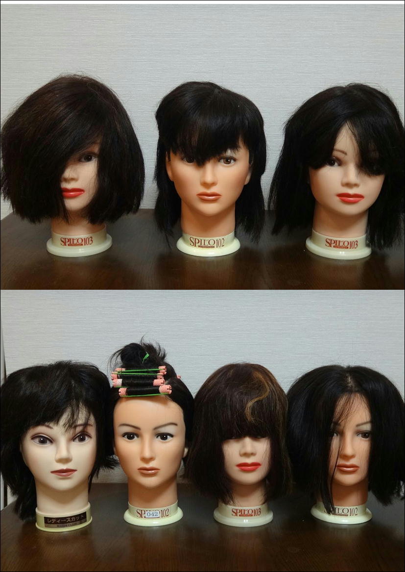 中古ヘッドマネキン カットウィッグ13個・理美容室のディスプレイ 