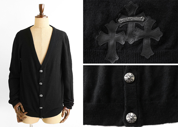  Chromehearts クロムハーツ カシミアカーディガン ニット 黒 サイズM 国内正規品 クロムボール クロスレザーワッペン F-4(トップス)｜売買されたオークション情報、yahooの商品情報をアーカイブ 男性用