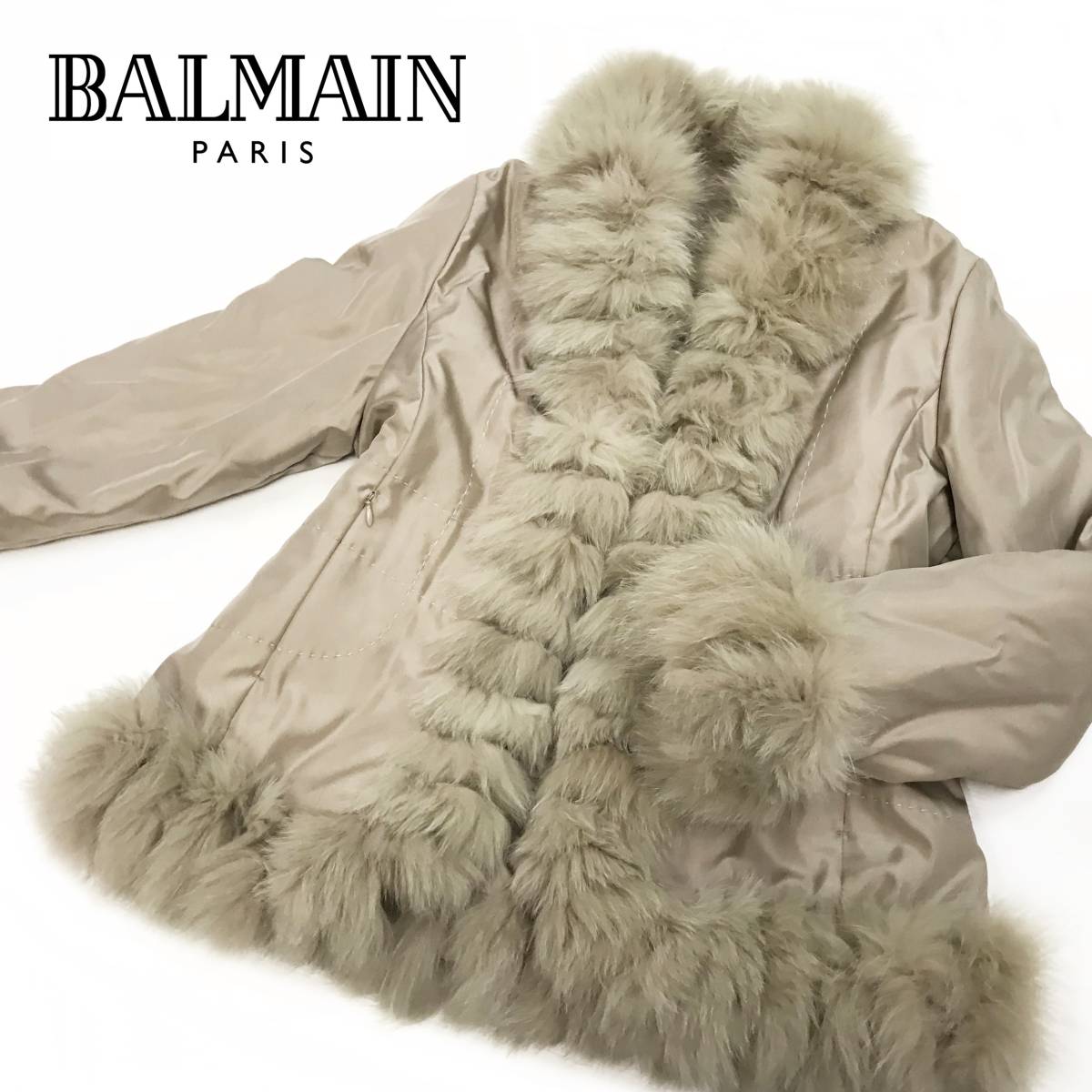 BALMAIN バルマン 高級 シルクコート ブルーフォックス ラビットファー 