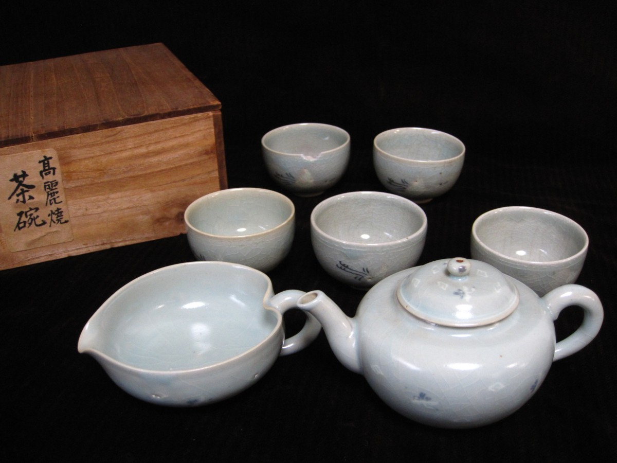 煎茶用 △煎茶道具△高麗焼/急須/湯冷まし/茶碗3個/青磁?/鶴