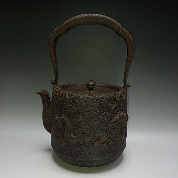 煎茶道具 時代物 龍文堂 鉄瓶 銅製蓋 極上品 斑紫銅蓋 茶道具 釜師