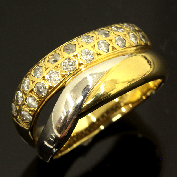 1円～【USED】K18/Pt850 ダイヤモンド/0.52ct 交差風幅広コンビリング 