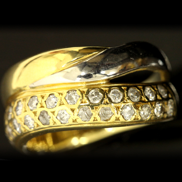 1円～【USED】K18/Pt850 ダイヤモンド/0.52ct 交差風幅広コンビリング 