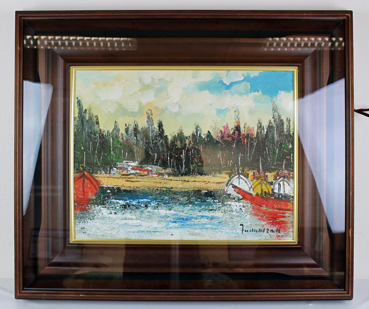 油彩画 中谷忠弘　スペインセゴビア風景画 ◇中古品◇絵画 油絵 中谷忠弘 「船のある風景」 1971 F6 直筆サイン有
