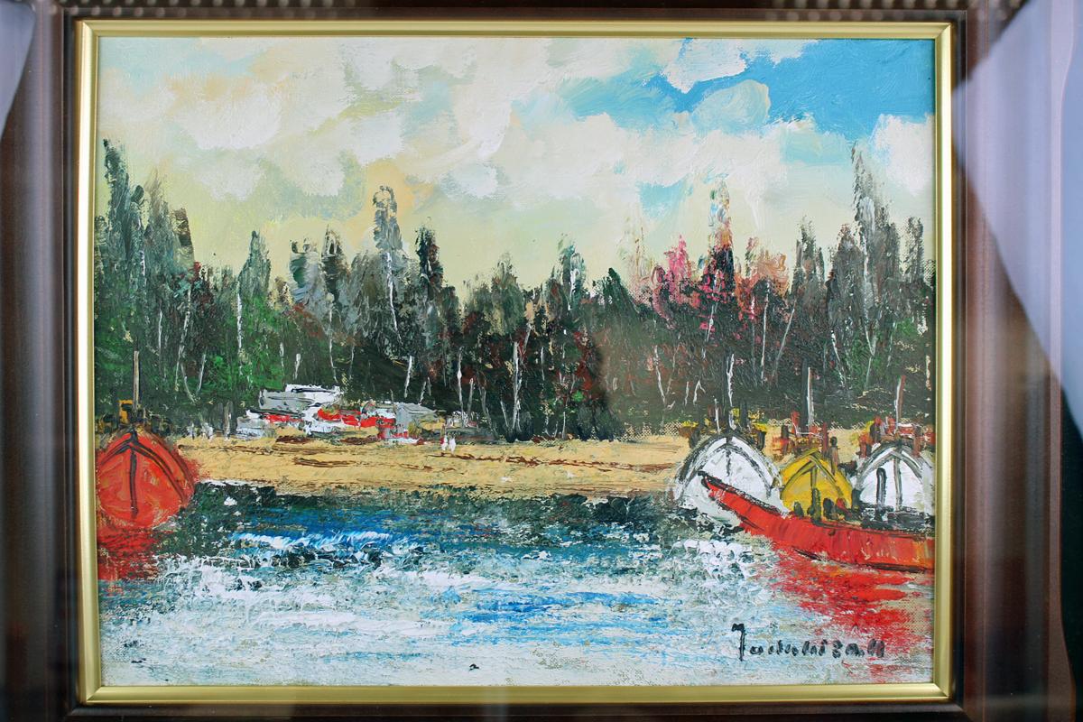 油彩画 中谷忠弘　スペインセゴビア風景画 ◇中古品◇絵画 油絵 中谷忠弘 「船のある風景」 1971 F6 直筆サイン有
