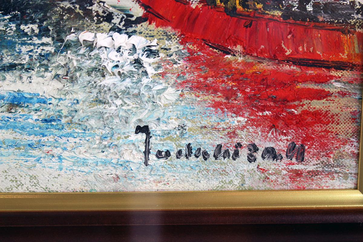 油彩画 中谷忠弘　スペインセゴビア風景画 ◇中古品◇絵画 油絵 中谷忠弘 「船のある風景」 1971 F6 直筆サイン有