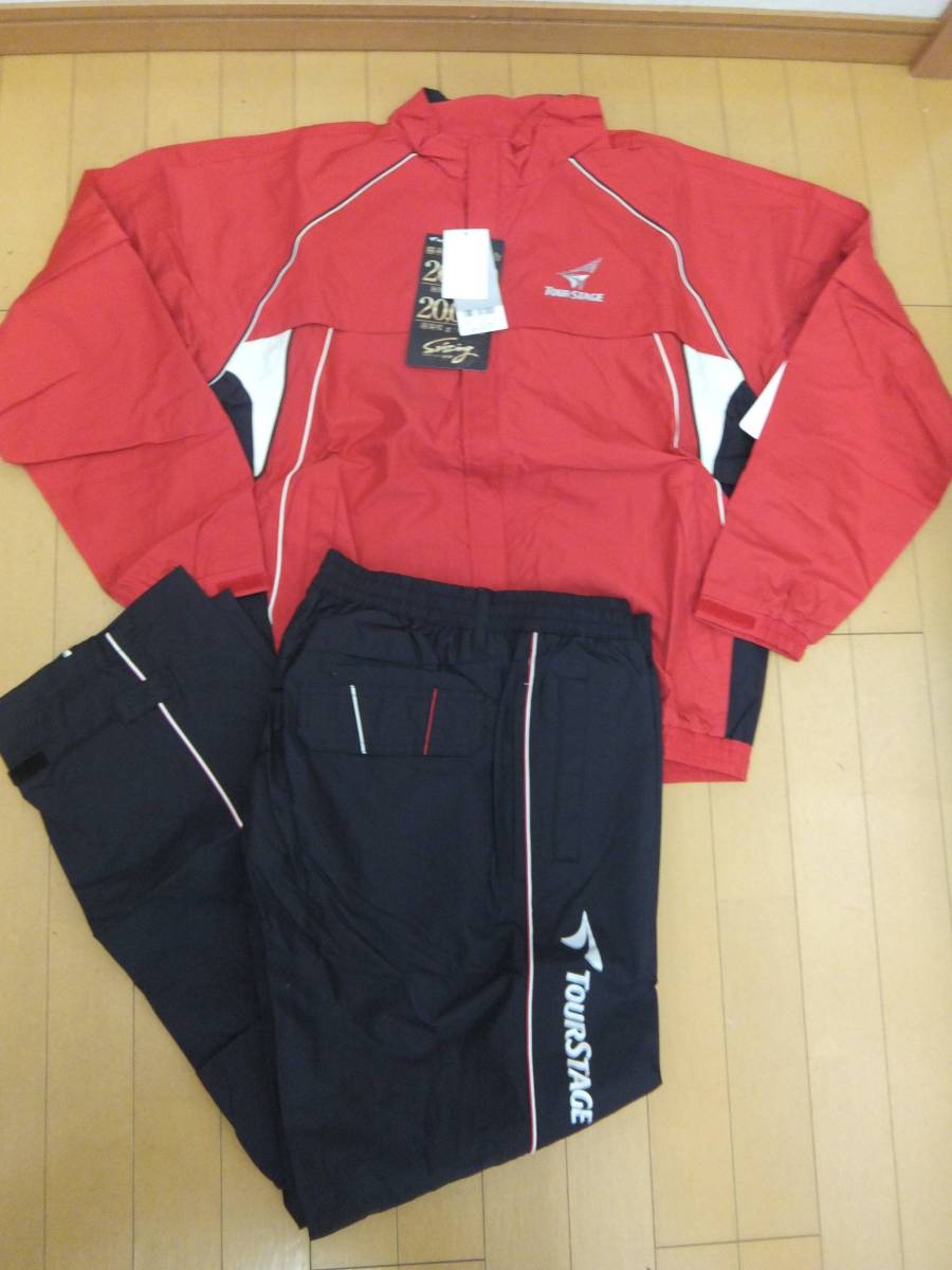 27新品★TOUR STAGE/定価28000円★レインウェア上下セット/LLサイズ/袖取り外し可/レッド/ゴルフウェア/レインスーツ/ツアーステージ