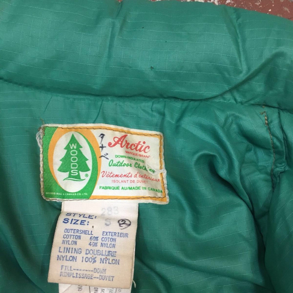 ビンテージ 80s woods ウッズ ダウンベスト 肌色 緑 S カナダ製 64 