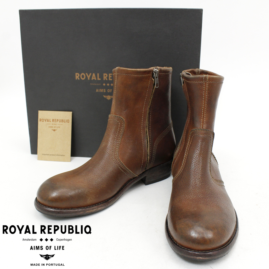 定価￥56，000 新品箱付 デンマーク発 ROYAL REPUBLIC ロイヤルリパブリック NORRIS ZIP HALF BOOT 本革レザー ショートブーツ 茶 42 26cm