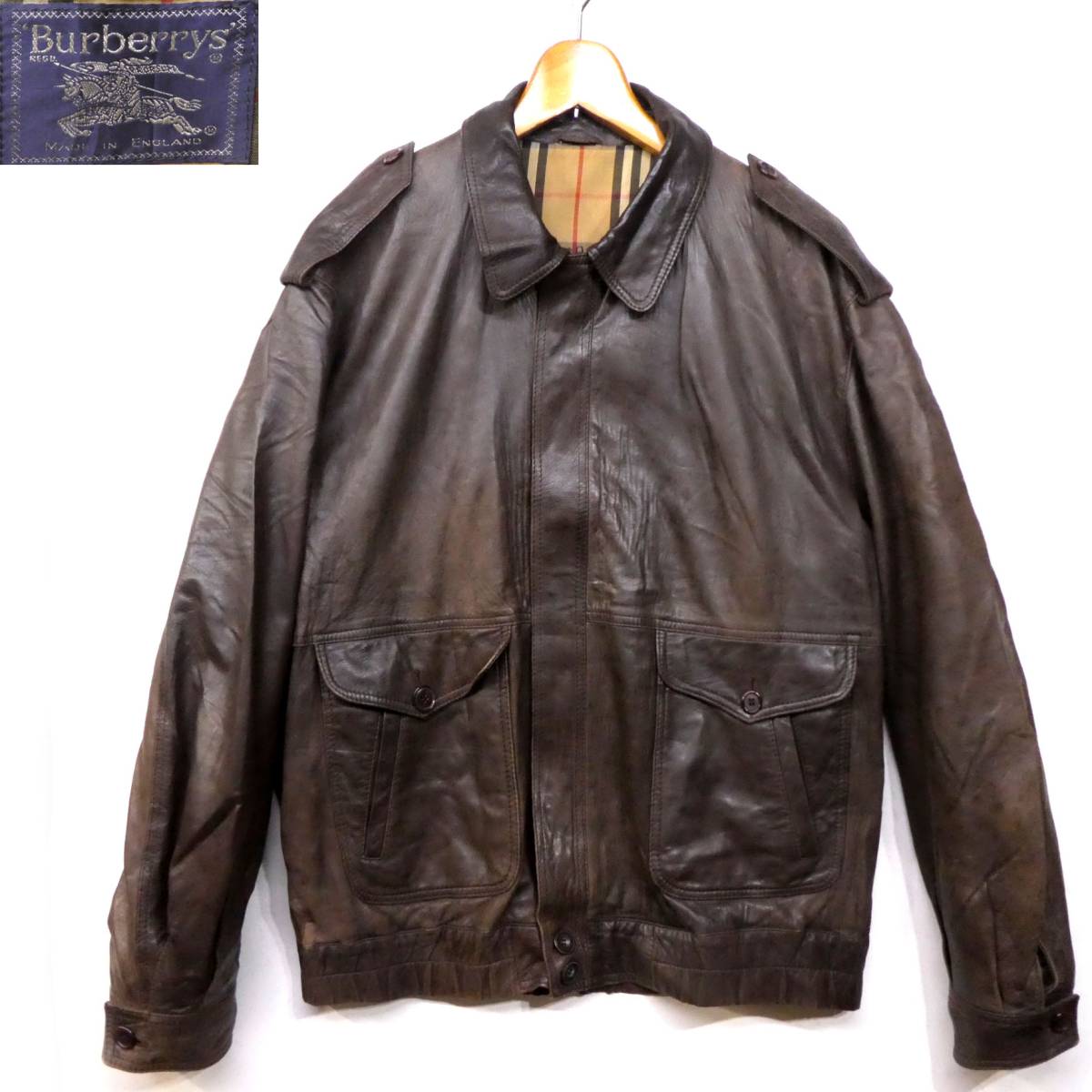 B2/2.2-1 Burberry's　バーバリーズ　イングランド製　本革　レザーフライトジャケット　A2　レザージャケット　裏地チェック　本皮　2XL位