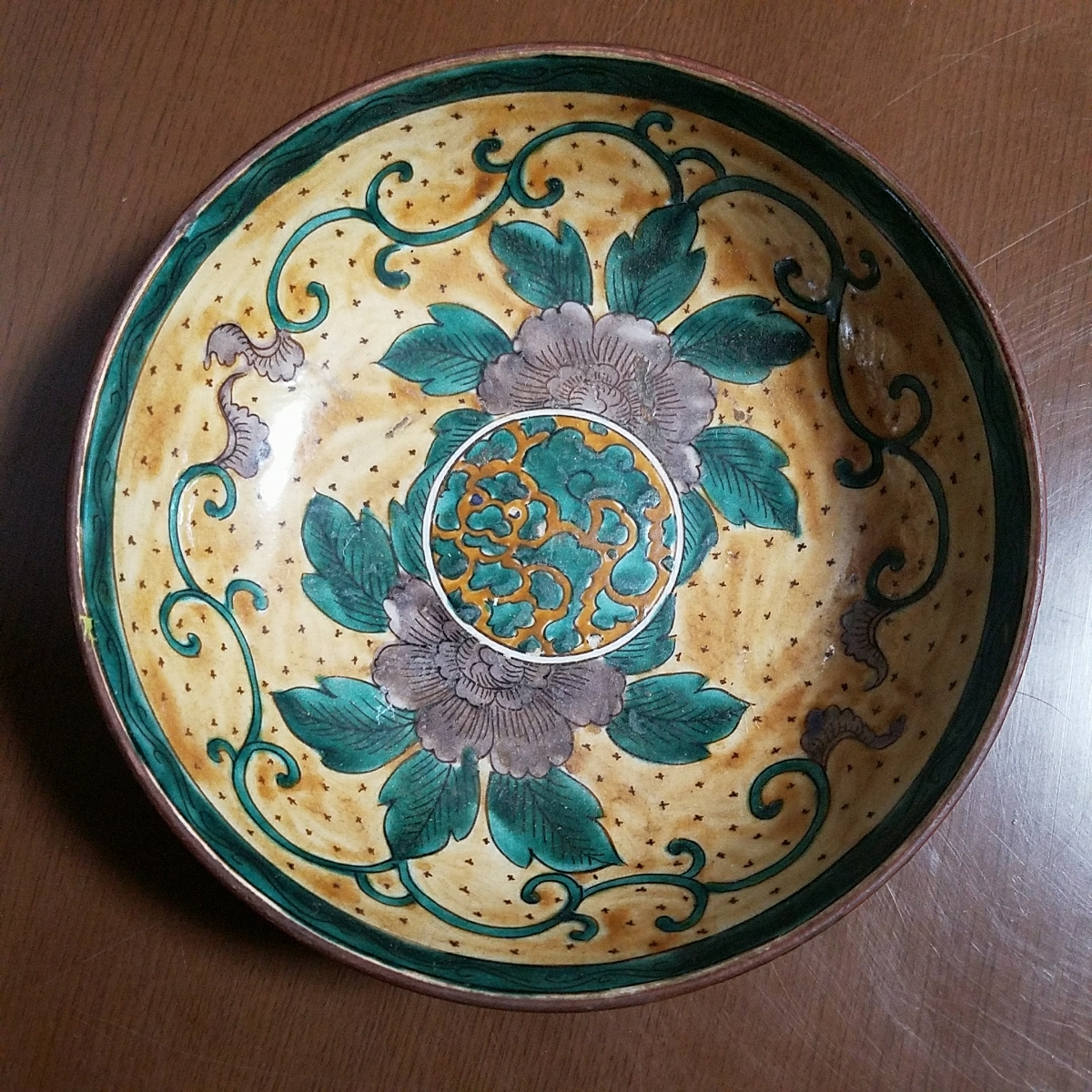4920◇初だし 角福印 青手青 古九谷 彩釉 草花絵