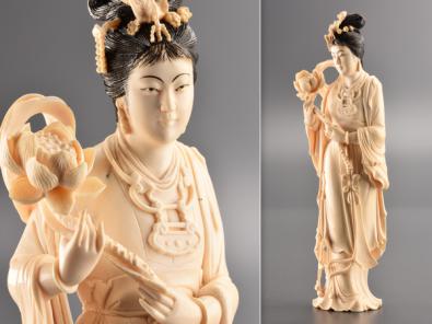 雕塑工艺篇象牙雕刻 【流】中国美術 本象牙芯彫天女像 重量608g