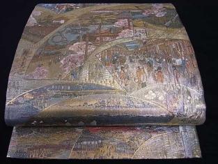 花美人着物■極上　西陣あさぎ　全通全景丸帯　廣重名作集　二十四金プラチナ二重箔　逸品ｇ3624