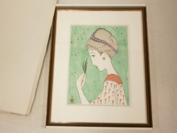 ⭕️竹久夢二 [若草の少女] 木版画 版元 港屋 未展示の美品 褪色無し