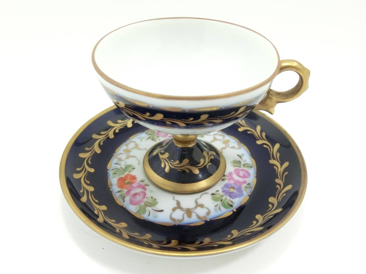 アンティーク セーブル SEVRES 金彩花柄カップ&ソーサー コバルト 青 