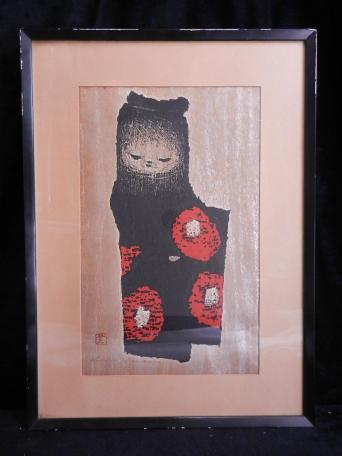 絵画買取・販売の小竹美術 河野薫「梅（少女）」木 木版画 河野薫「梅
