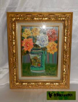 油彩 垣内カツアキ「バラの壷 F4」 垣内カツアキ作品を卸価格で販売し