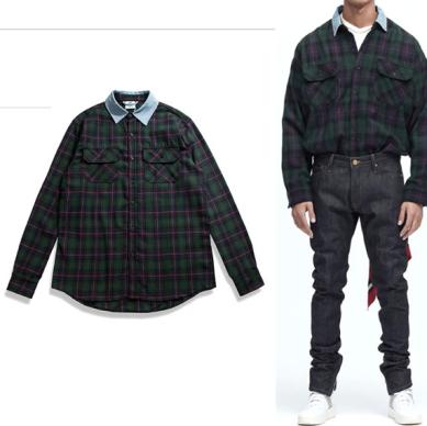 新品 fear of god 型 襟 デニム切替 チェックシャツ メンズ シャツ  