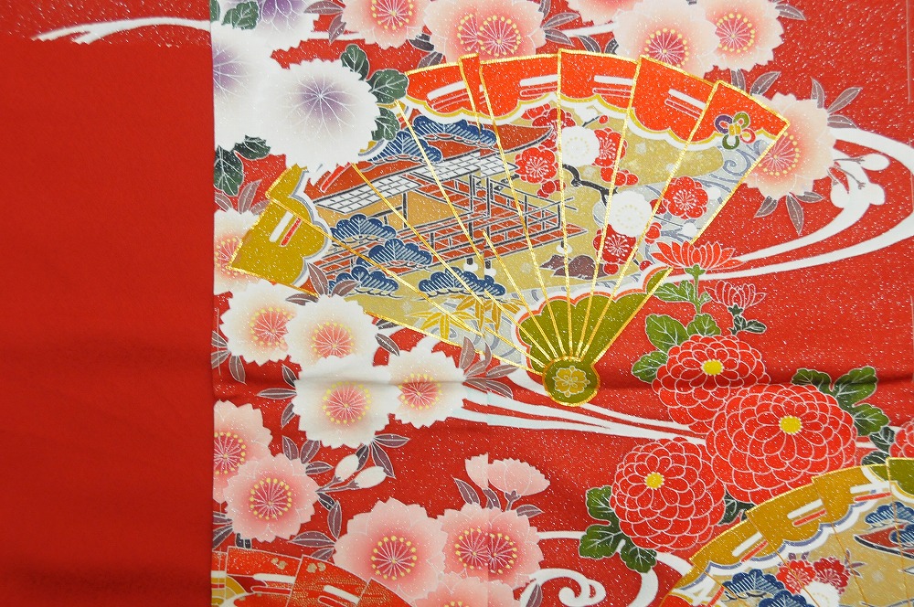 A1803-2653●関着/振袖/駒取り刺繍/扇と花柄/新品/未仕立て/正絹/絵羽