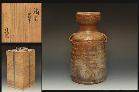 ☆星夢☆yo12 人間国宝 伊勢崎淳 備前窯変耳付掻き文花生 花器 共箱