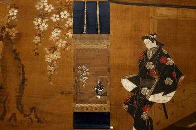 侍】江戸時代「西川祐信」筆 縁先美人図 佐々木玄龍 画賛 肉筆浮世絵