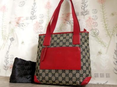 ☆ グッチ GG柄 ナイロン レザー トート バッグ 赤 レッド 茶色 黒 B5 OK 使いやすい GUCCI ☆