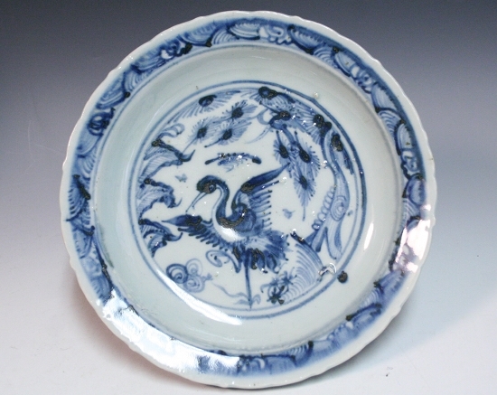 華 呉須手/染付鶴文皿/中国明時代 焼物骨董古美術H737(