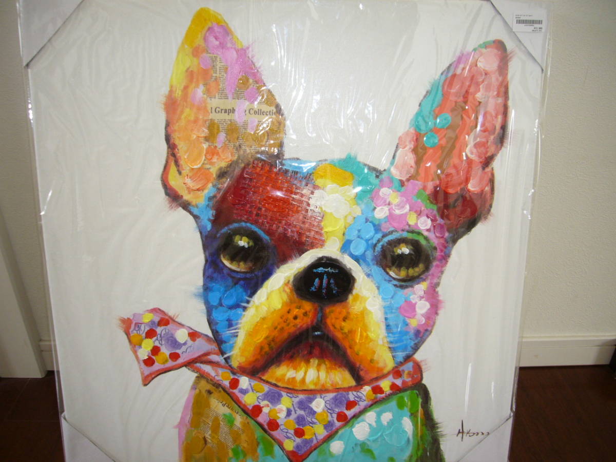 【リビングハウス】カラフルな犬のポップアート絵画60×60 リビングハウス】アート 絵 ブルドッグ（スカーフ）新品 ブルドッグ