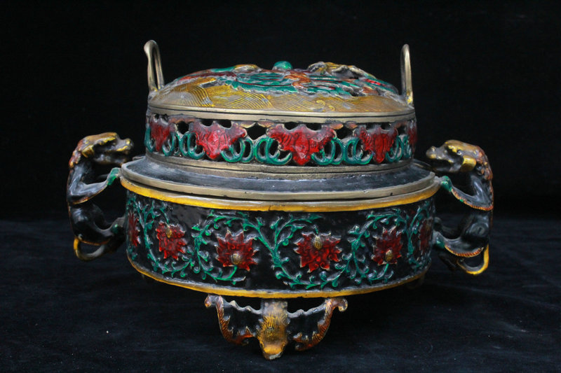 琺瑯彩 香炉 花卉紋 古仏具 貴重 七宝焼 銅胎景泰藍 極上品 七寶
