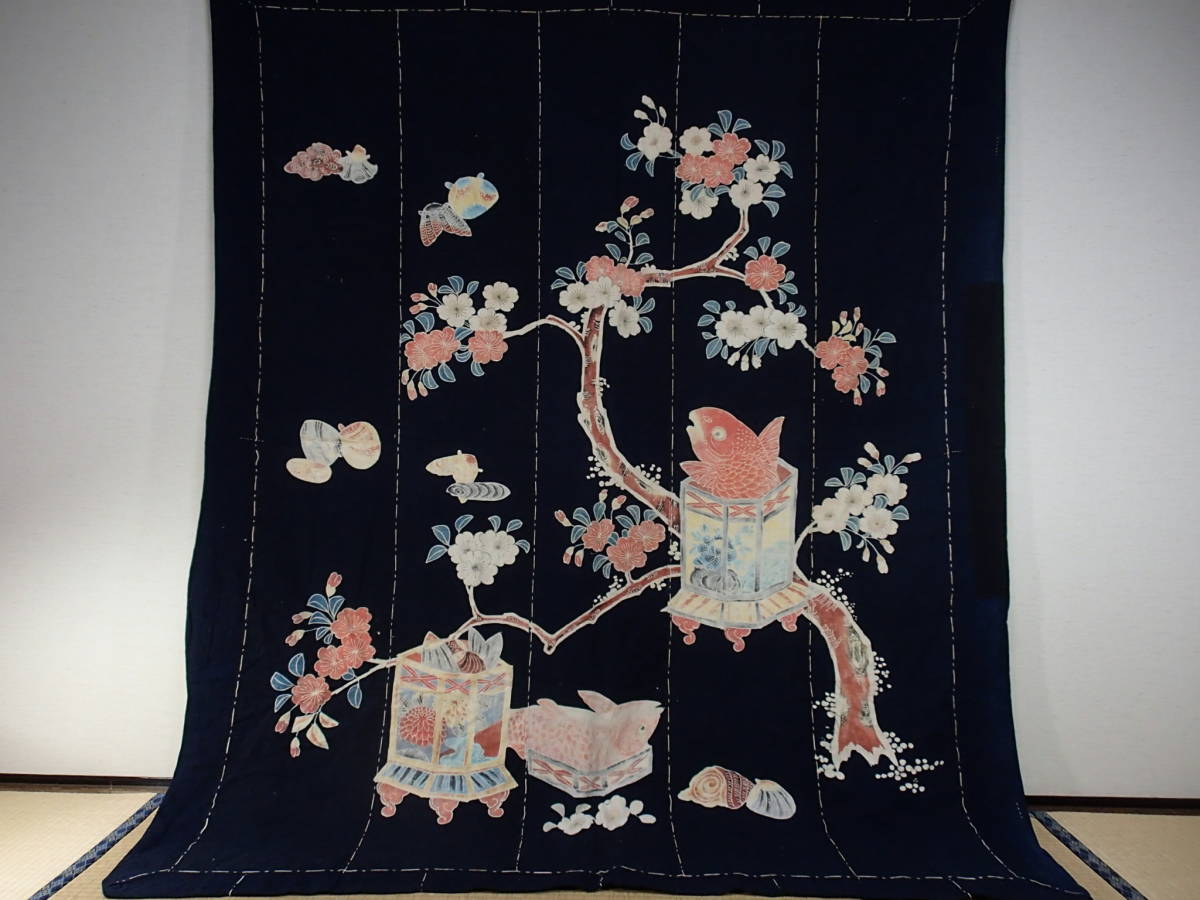新作，お買い得 筒描 め た尽くし 鯛貝桶花木図 木綿藍染 五幅 縁 裏地付 明治期(リメイク素材)｜売買されたオークション情報、yahooの商品情報をアーカイブ公開 - オークファン リメイク素材