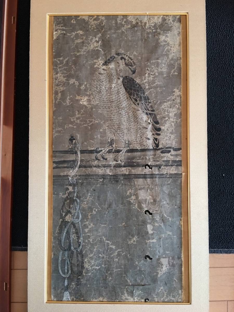 室町時代の絵師 狩野元信「鷹図」 落款印あり/壷印 額付 狩野派の祖