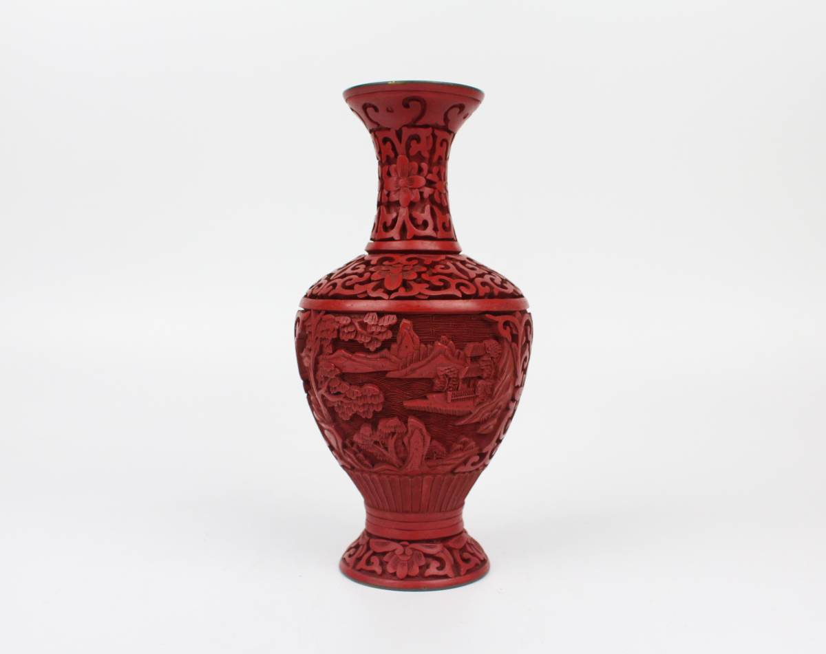 0737 唐物 細工楼閣山水紋彫堆朱花瓶 花器 花入り H18cm 中国古玩