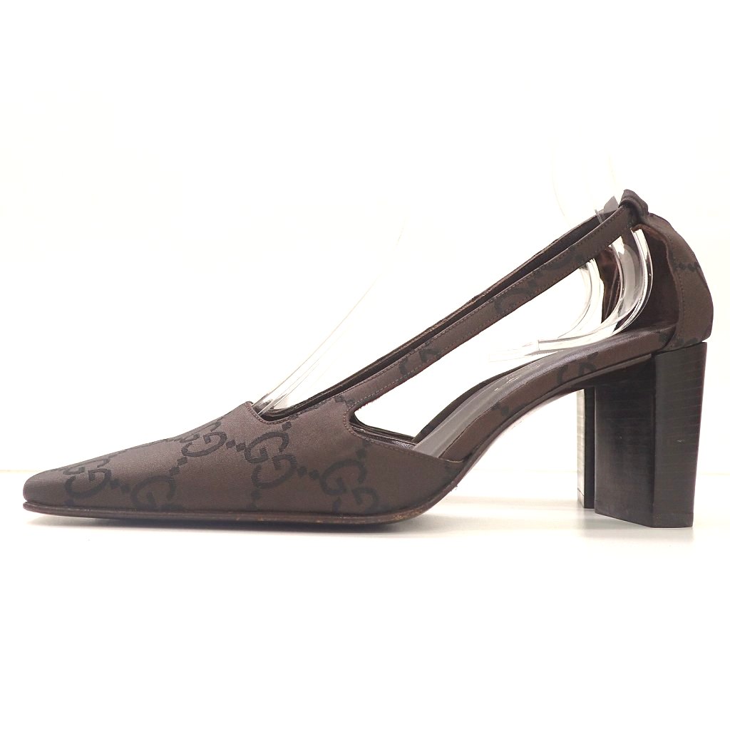 p63 GUCCI グッチ GG柄 パンプス キャンバス レザー ハイヒール ベルト