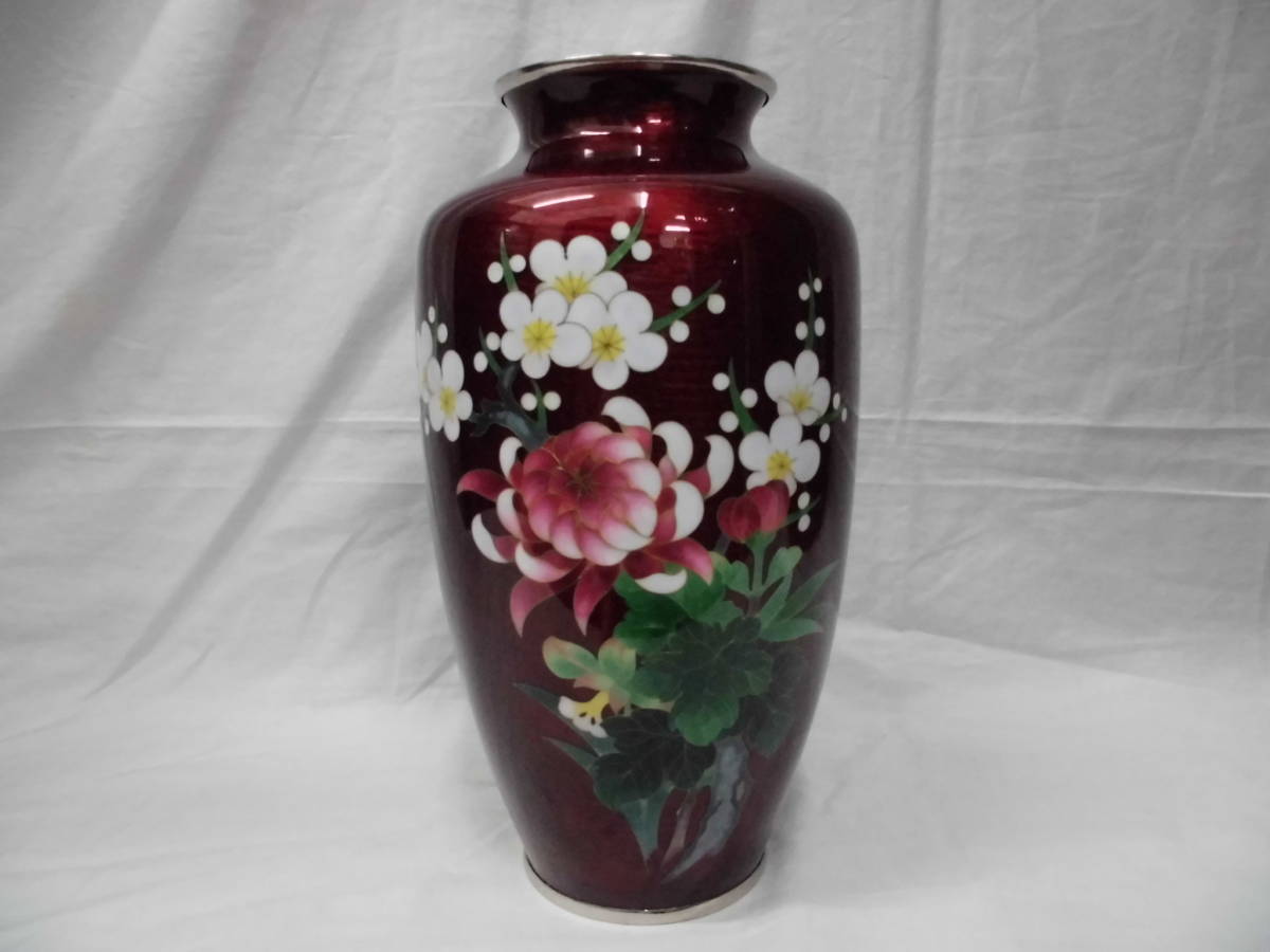 佐藤七宝店謹製 七宝花瓶 赤透四君子文 台座付 共箱入り 未使用 佐藤