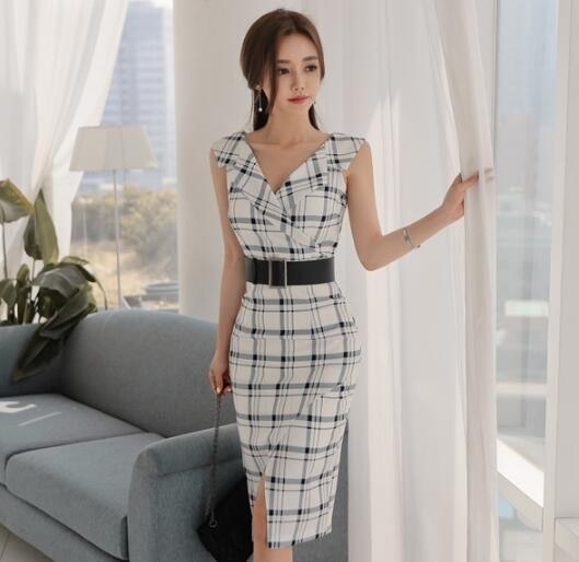大得価，限定SALE 夏 レディース 上品 大人 セクシー Ｖネック チェック柄 OL タイトワンピース XL 白(XLサイズ以上)｜売買されたオークション情報、yahooの商品情報をアーカイブ公開 - オークファン XLサイズ以上