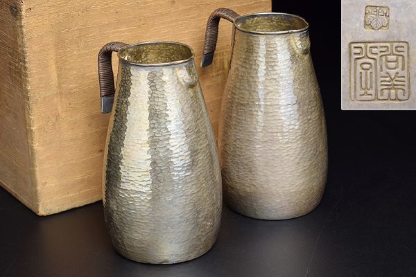 お銚子 銀製品 参議院議員功労賞品 尚美堂造銀製槌痕銚子一対101g/合箱】 煎茶道具酒器銀器徳利酒注銀壺