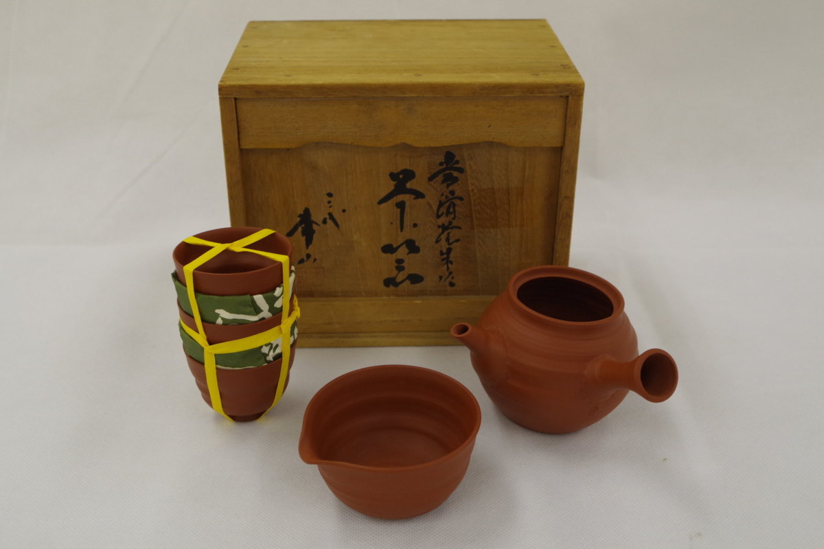 江】人間国宝 三代山田常山 常滑焼 朱泥茶器揃 急須 湯冷 茶碗