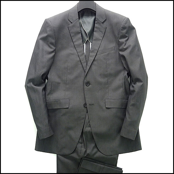 美品 オリヒカ 春夏ブライトウールストライプスーツA7(LL)灰黒★J49143 ORIHICA Bright Wool Shiny Material リミテッドモデル 背抜き