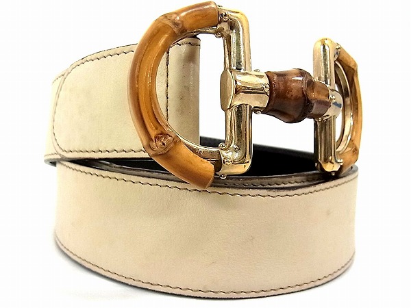 1円 ■美品■ GUCCI グッチ バンブー 155080 レザー 85・34 ベルト メンズ アイボリー系×ダークブラウン L262R