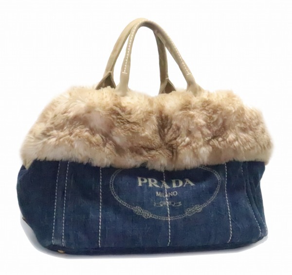 ☆PRADA プラダ BN2182 エコファー カナパ デニムキャンバストート 