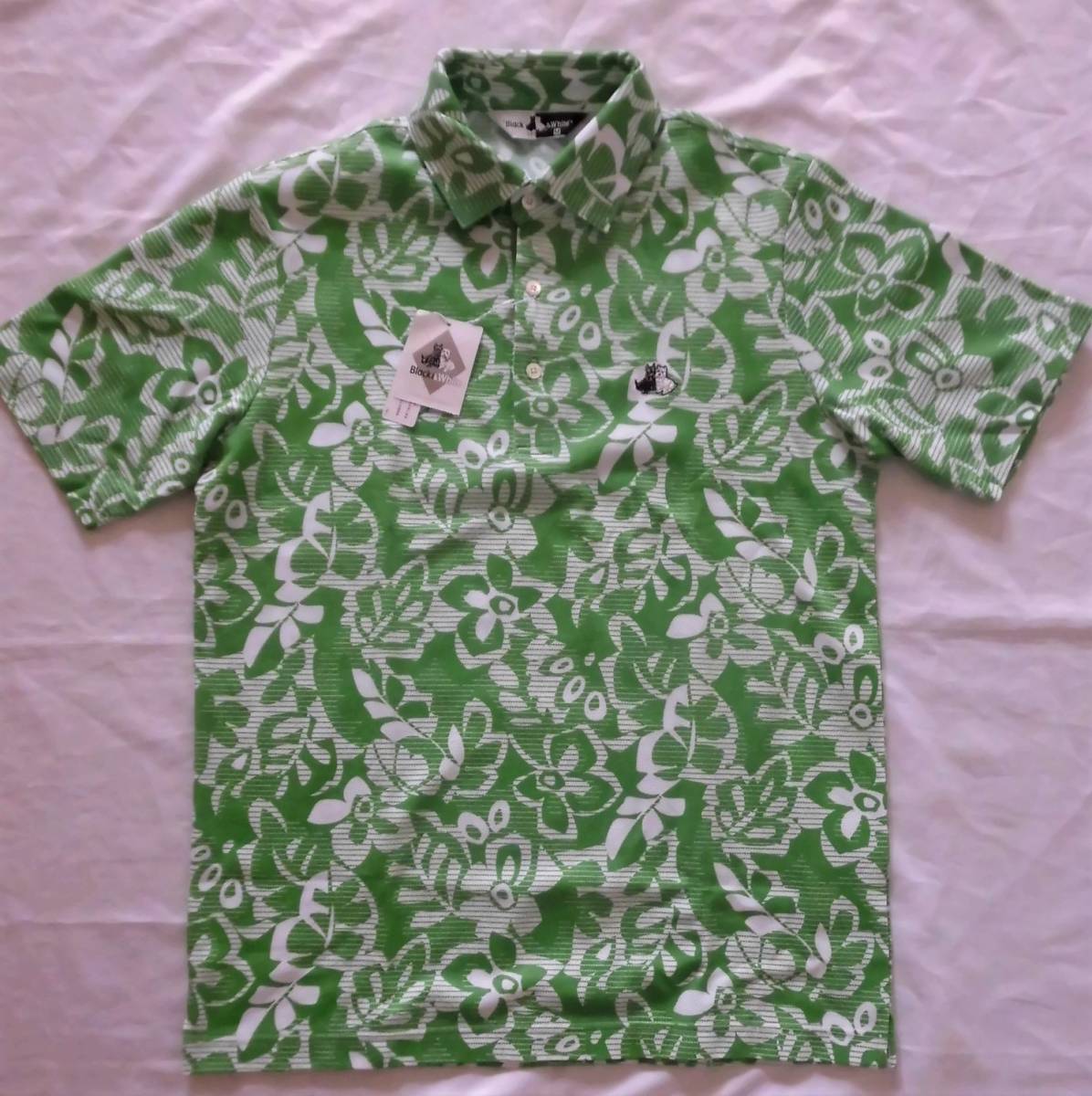 新品未使用　ブラック＆ホワイト フラワーモチーフ柄半袖ポロシャツ 品番9615GS-PA　カラーグリーン　サイズM　定価22,680円税込　日本製_1
