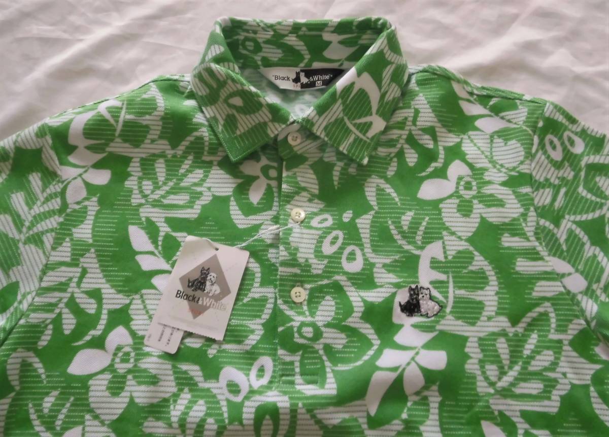 新品未使用　ブラック＆ホワイト フラワーモチーフ柄半袖ポロシャツ 品番9615GS-PA　カラーグリーン　サイズM　定価22,680円税込　日本製_2
