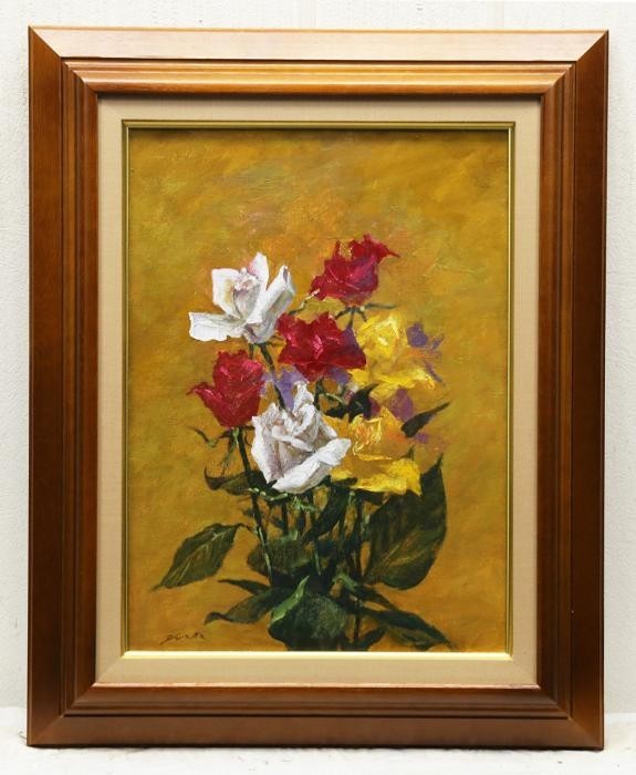 WISH】○湯山俊久 8号 日展理事 油彩「薔薇」 傑作 [真作保証] 総理