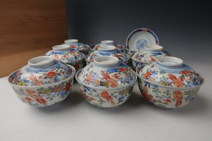古伊万里 染付 花唐草模様 レトロ 明治 蓋付き 茶碗 8客 蓋9