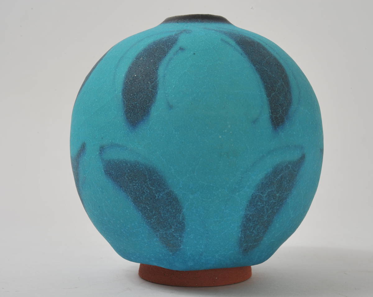 加藤賢司 作 新晶窯 トルコ青 花入 花瓶 花器 共箱 富本