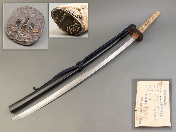 縁頭　鍔　武具 U925. 武具 無銘 刀 鉄地梅図鍔 鳥文縁 山水図頭 白鮫肌柄 拵え / 日本