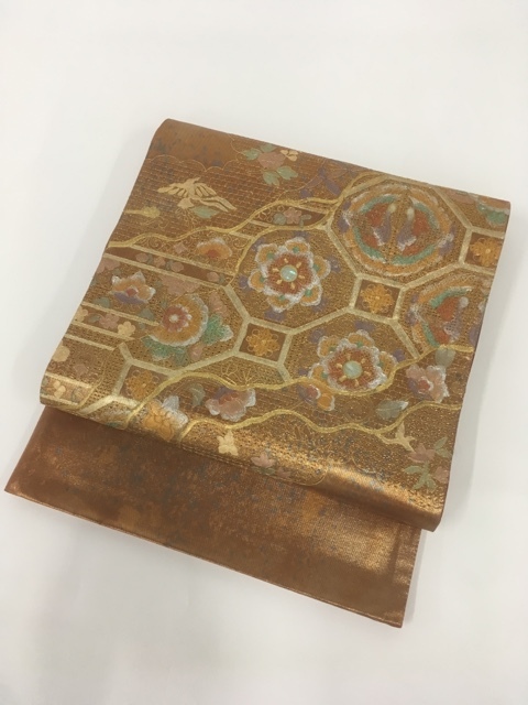 バイセル ◇ 名品 袋帯 金色 蜀江文 華文 向い鳥 雲文 汕頭刺繍 螺鈿 金糸
