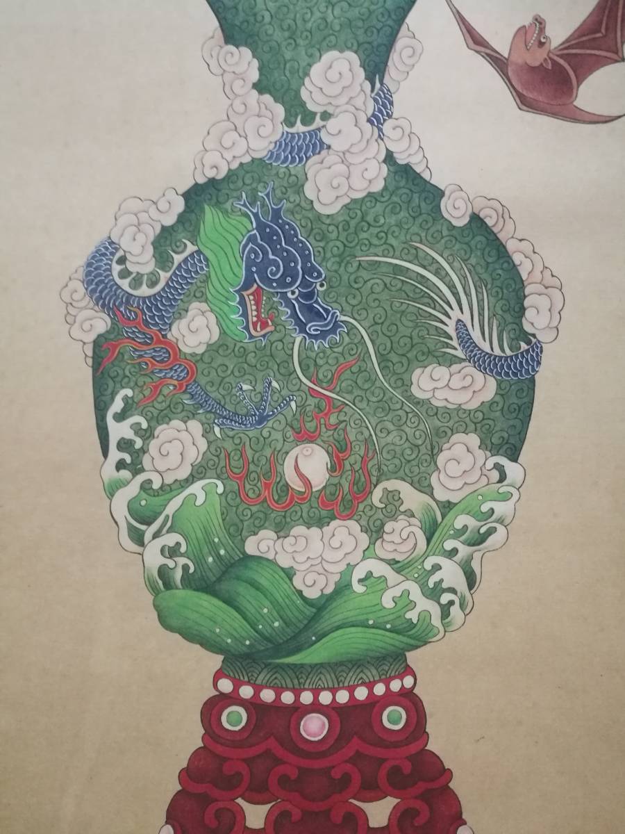 18TJ100989】中国美術 手巻き画絵巻『五福図』立軸 精品軸 ご覧